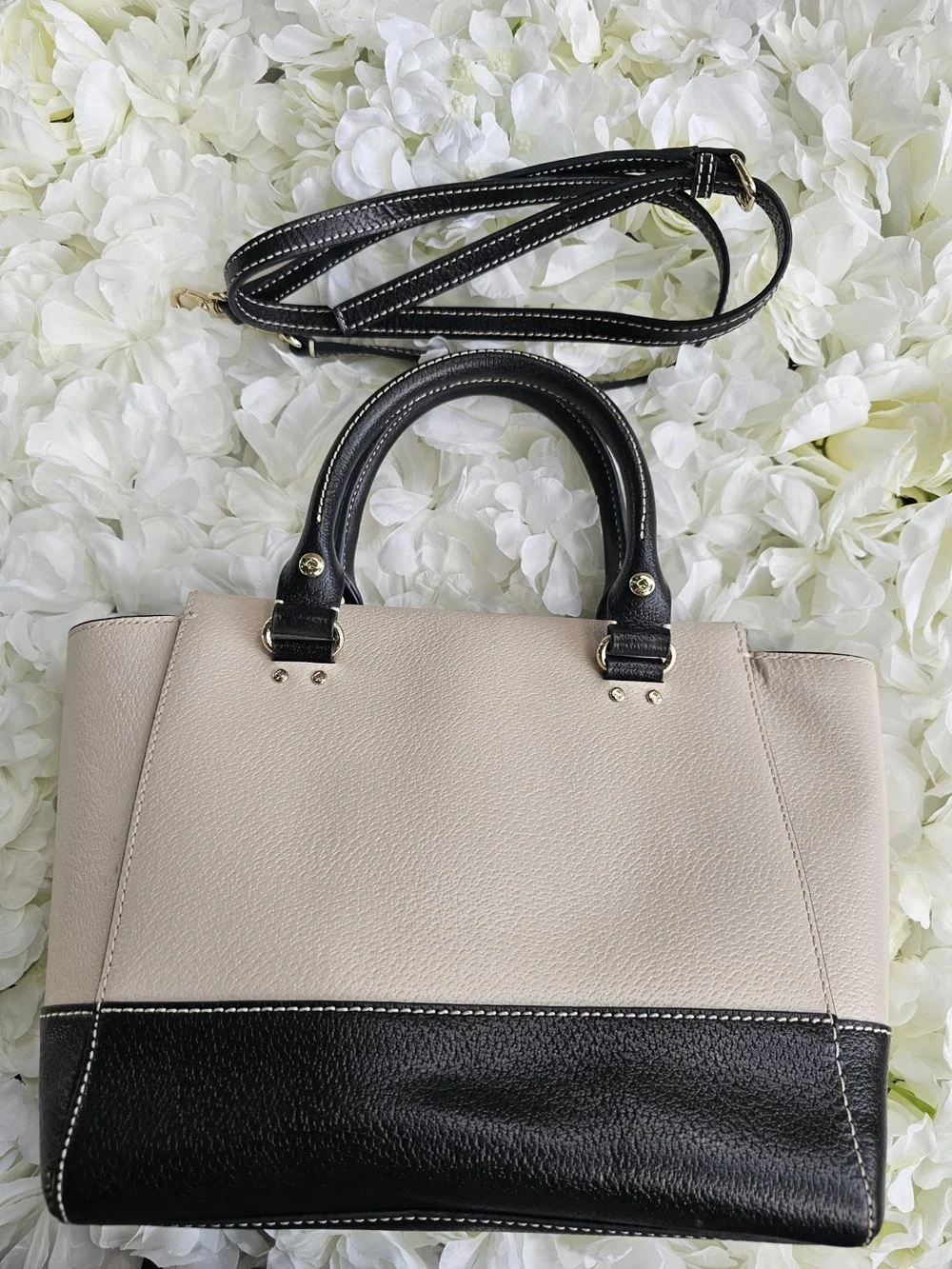 Kate Spade New York Two Tone Leather Satchel Crossbody Bag Beige Black